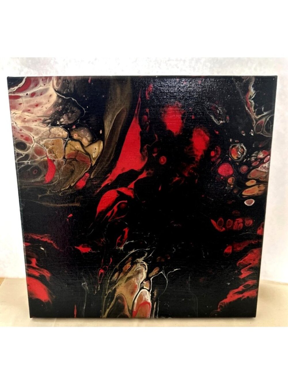 Acrylic Art Pour Painting Red Black Hand-poured on Canvas 12x12 Gloss Finish